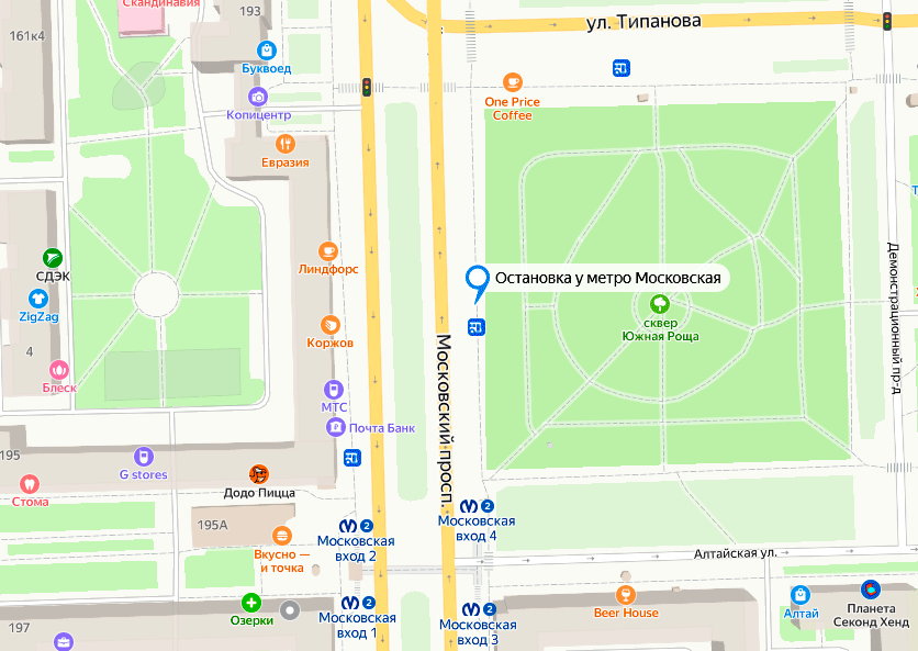Остановка у метро Московская в Санкт-Петербурге в сторону автовокзала